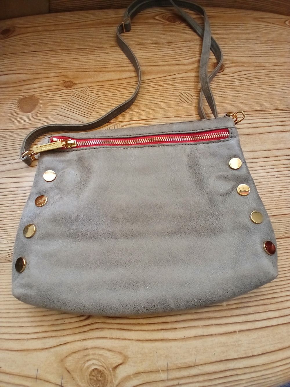 Hammitt Gray Suede Crossbody with Gold Studs and Red Zip